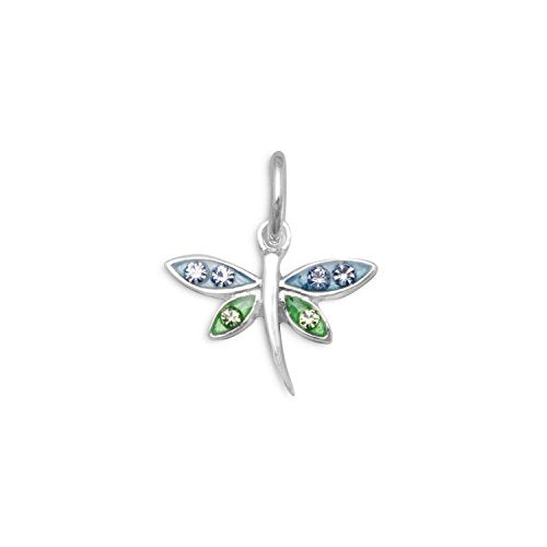 Dragonfly Charm Blue and Green with Crystals Sterling Silver