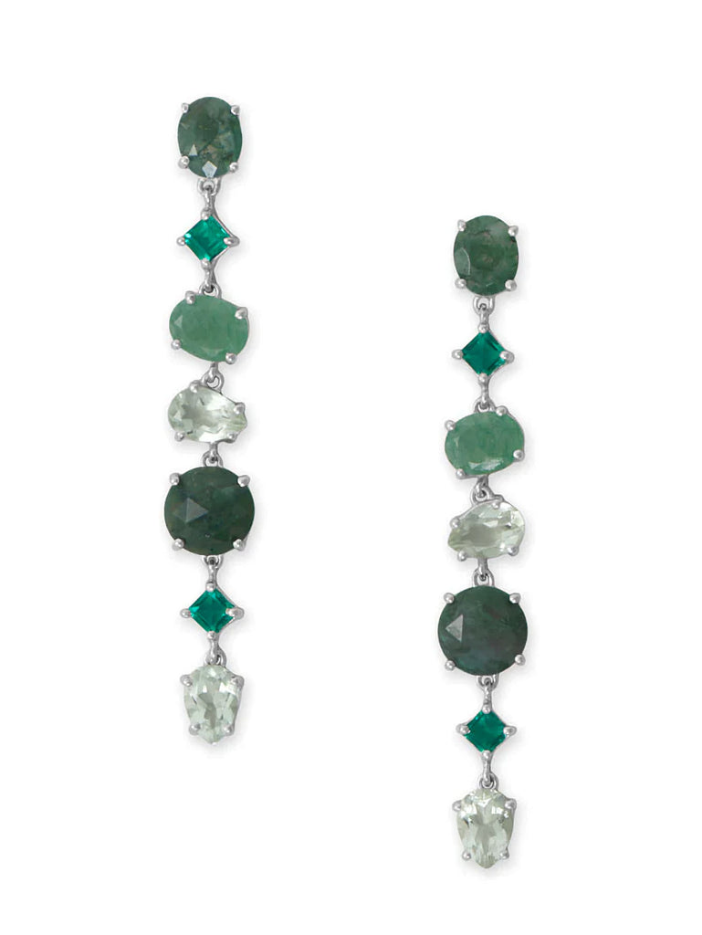 Green Moss Agate, Prehnite, Prasiolite, and Glass Drop Earrings Rhodium on Sterling Silver