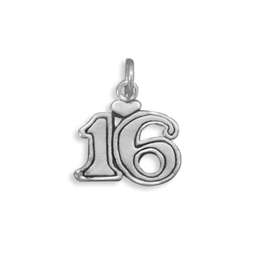 Sweet 16 Number Heart Charm Sterling Silver, Made in the USA