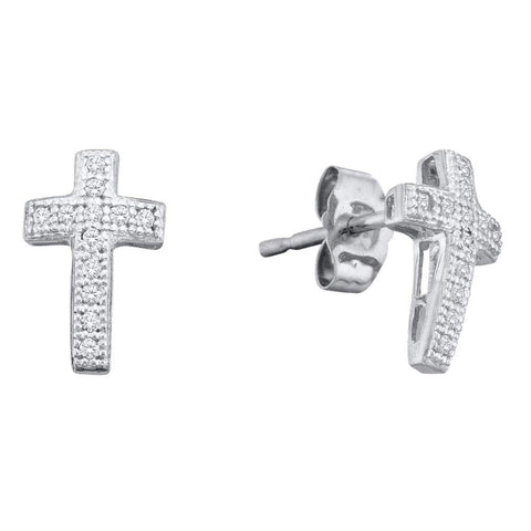 Sterling Silver  Round Diamond Cross Faith Stud Earrings 1/10 ctw