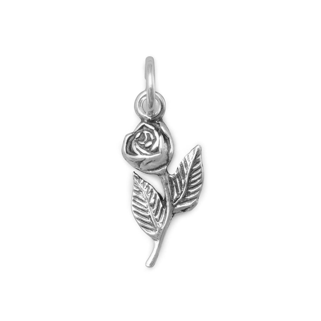 Rose with Stem and Leaves Charm Sterling Silver, Made in the USA