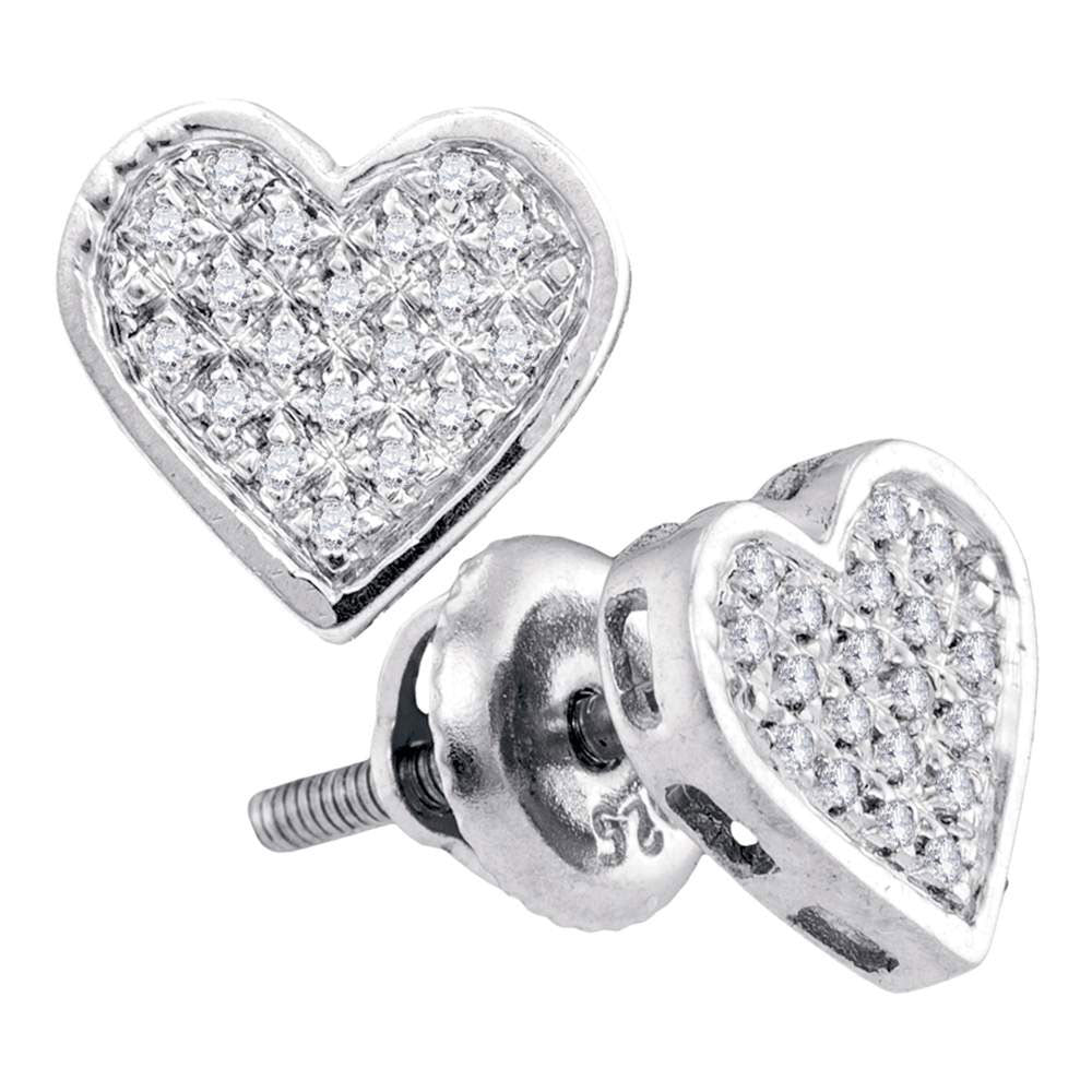 Sterling Silver  Round Diamond Heart Cluster Screwback Stud Earrings 1/10 ctw