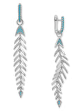 Fishbone Drop Hoop Earrings with Synthetic Turquoise Removeable Dangle Rhodium on Sterling Silver
