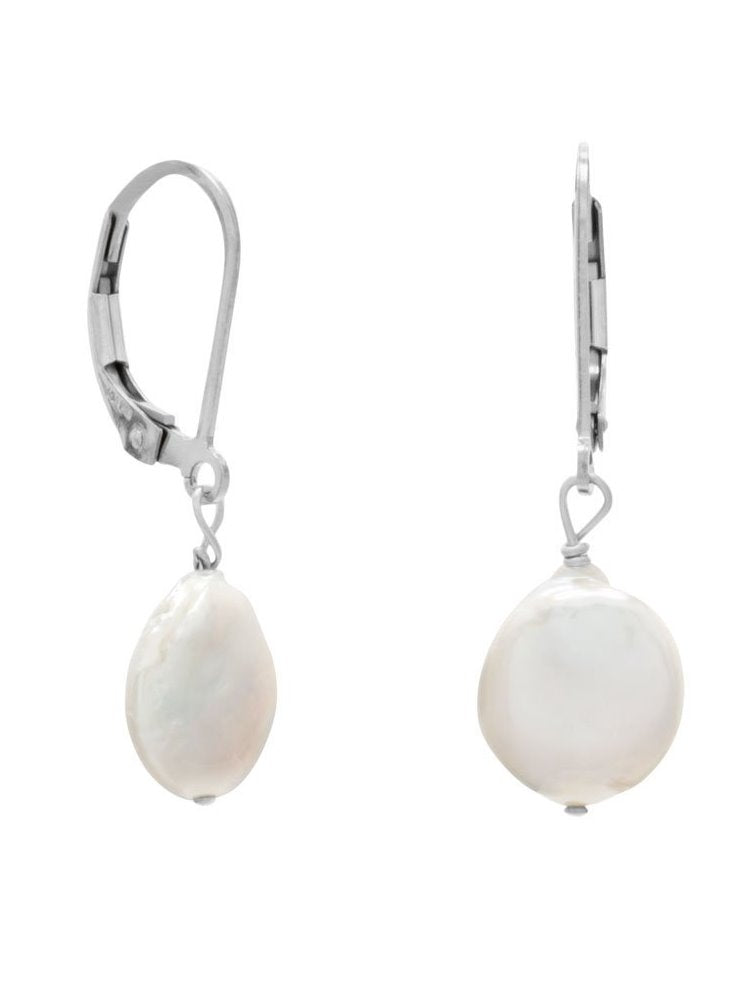 White Coin Cultured Freshwater Pearl Earrings Sterling Silver Leverback