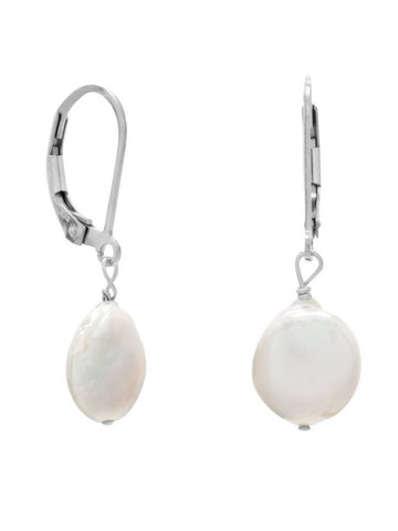 White Coin Cultured Freshwater Pearl Earrings Sterling Silver Leverback