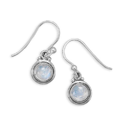 Rainbow Moonstone Polished Edge Round Sterling Silver Earrings