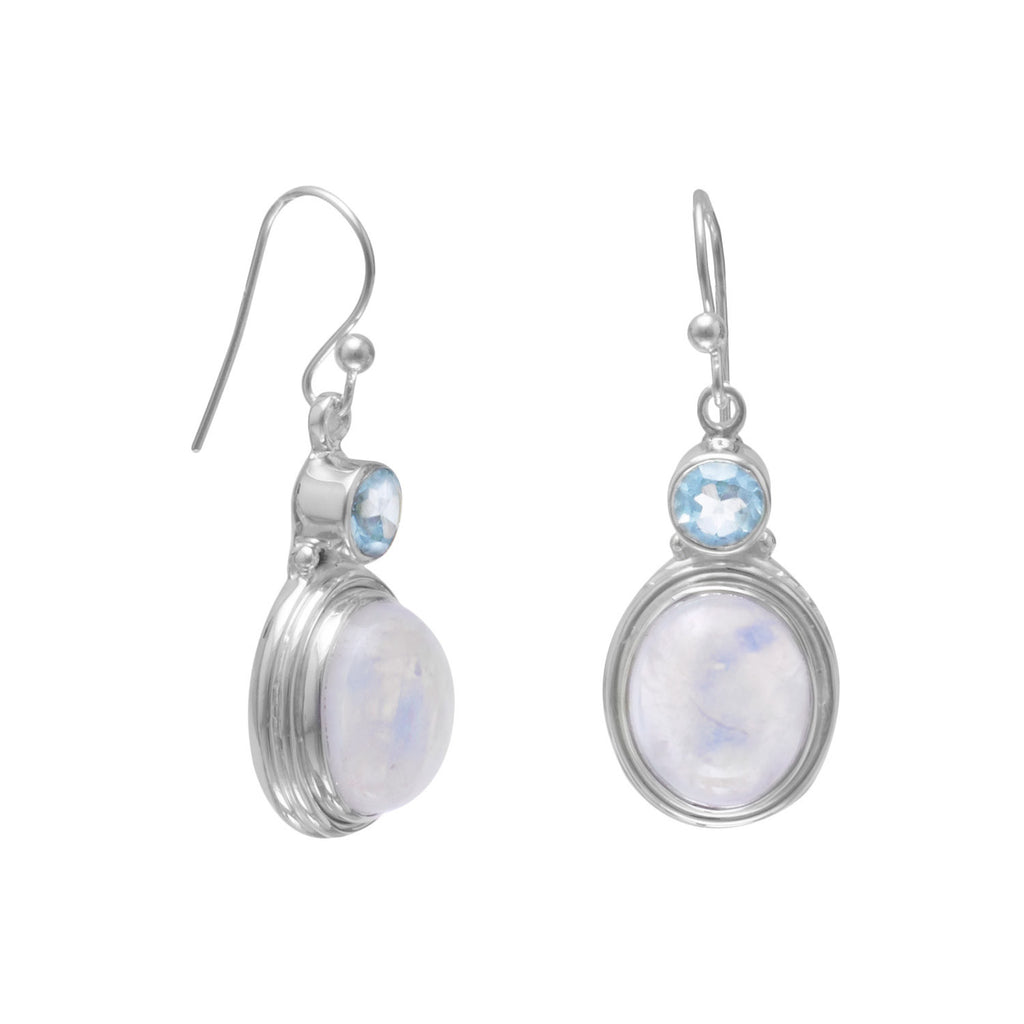 Rainbow Moonstone Earrings with Blue Topaz Sterling Silver Dangle