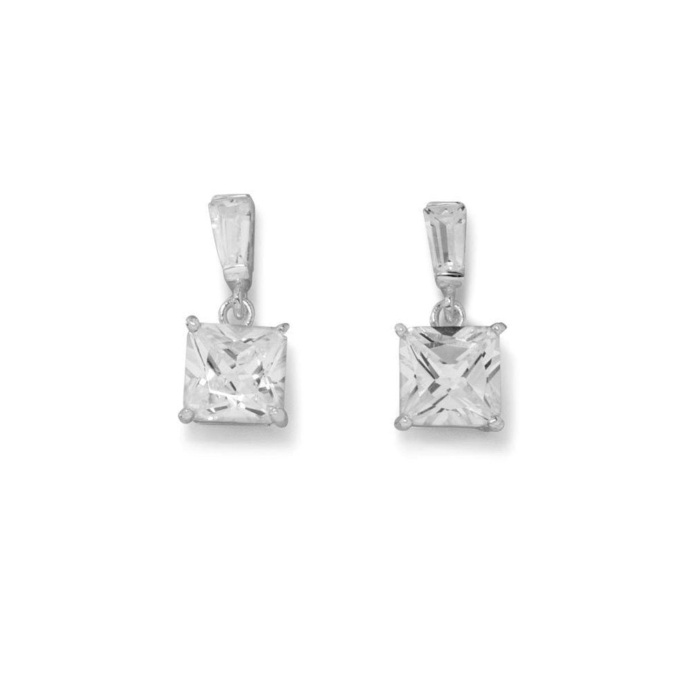 Square 7mm and Baguette Cubic Zirconia Sterling Silver Dangle Earrings