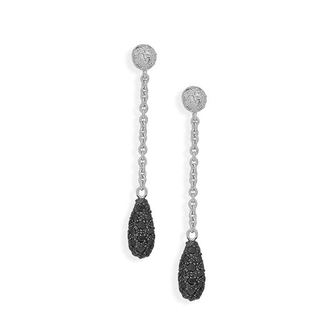 Black Cubic Zirconia with Clear CZ Pave Post Chain Earrings Sterling Silver