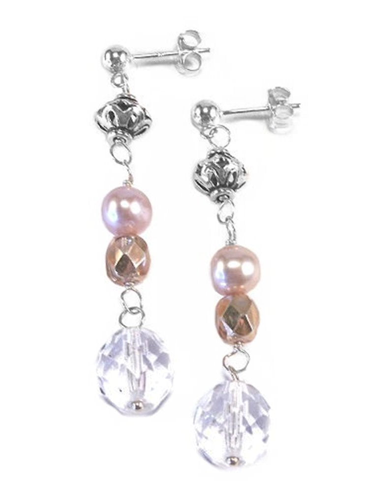 Sterling Silver Cultured Peach Pearl and Crystal Drop Earrings