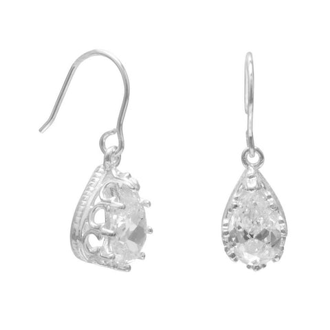 Cubic Zirconia Teardrop Earrings with Crown Setting Sterling Silver