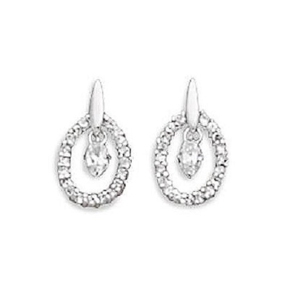 Oval Cubic Zirconia CZ Center Drop Post Earrings Rhodium on Sterling Silver
