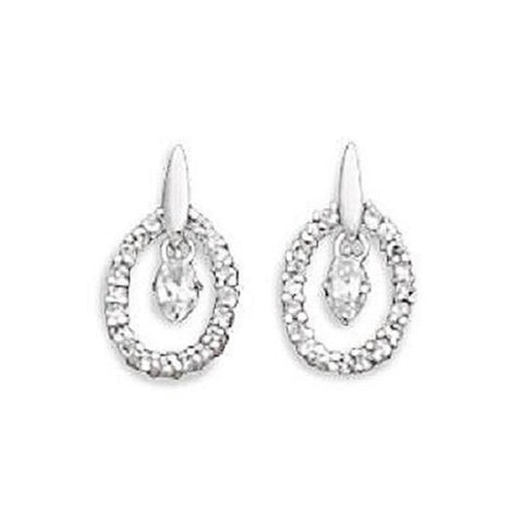 Oval Cubic Zirconia CZ Center Drop Post Earrings Rhodium on Sterling Silver