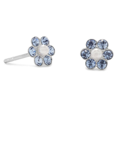 Light Blue Crystal and Imitation Pearl Sterling Silver Flower Post Stud Earrings