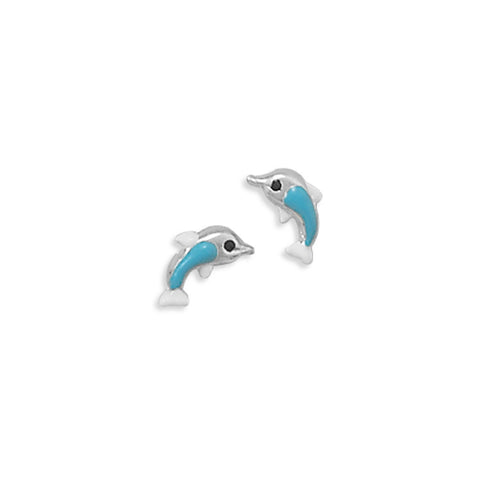 Dolphin Post Stud Earrings with Light Blue Enamel Coloring