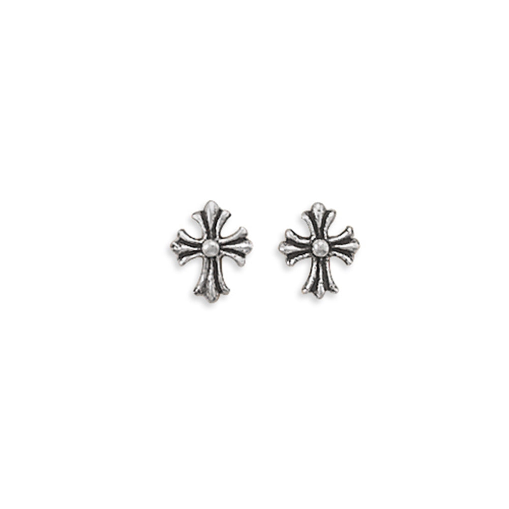 Small Cross Post Stud Earrings with Antique Finish Fleur-de-lis Design