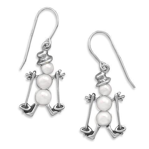 Skiing Snowman Earrings with Three Cultured Freshwater White Pearls Antique Finish