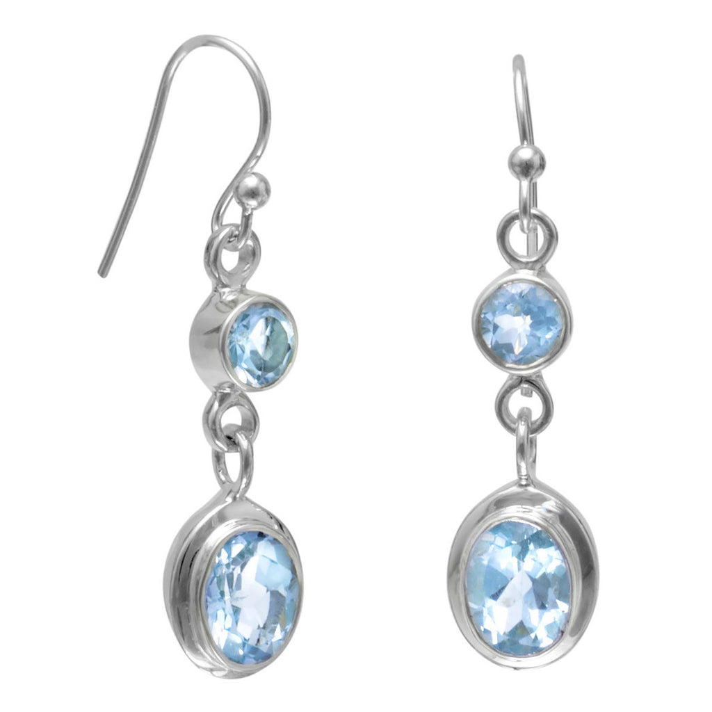 Blue Topaz Round and Oval Drop Sterling Silver Earrings