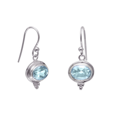 East West Side Set Oval Blue Topaz Sterling Silver Earrings