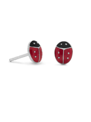 Lady Bug Post Stud Earrings Black and Red Enamel Sterling Silver