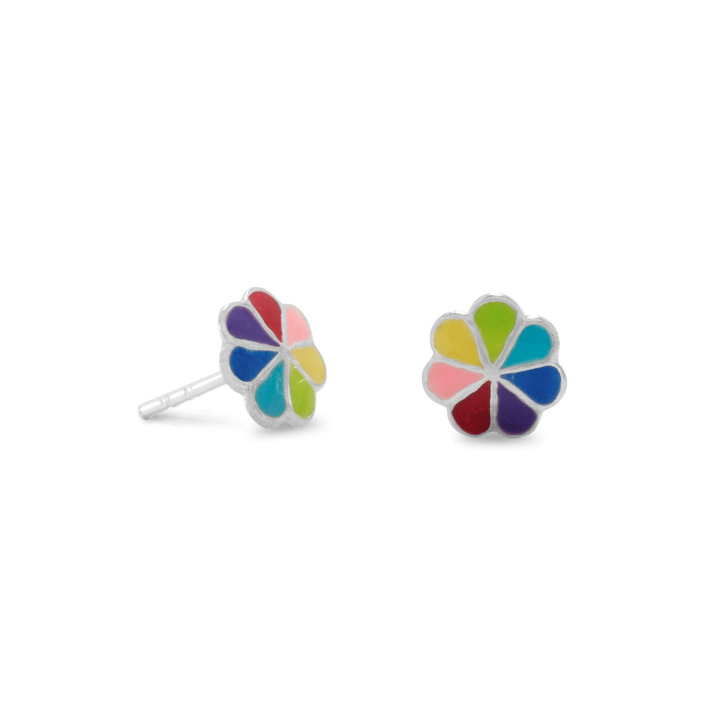 Rainbow Flower Post Stud Earrings Sterling Silver