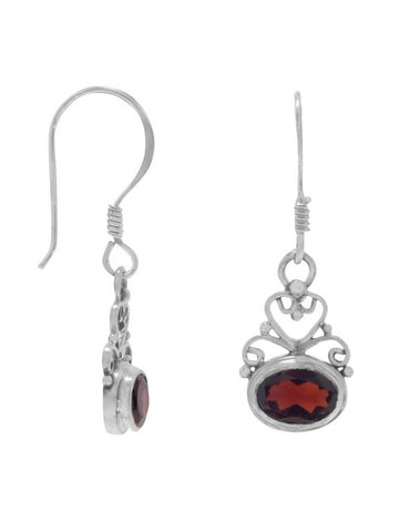 East West Side Set Garnet Earrings Scroll Heart Design Sterling Silver