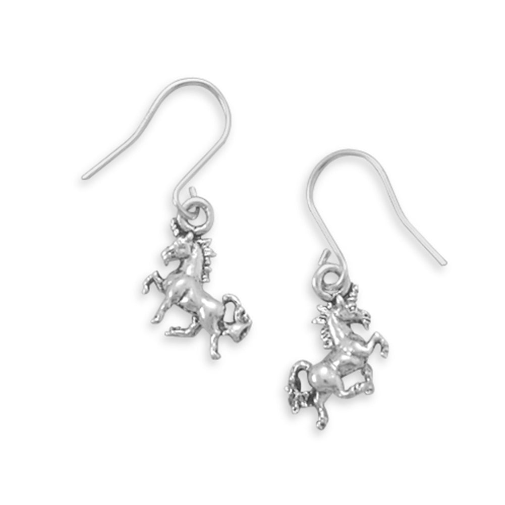 Prancing Unicorn Charm Dangle Earrings Sterling Silver, Made in the USA