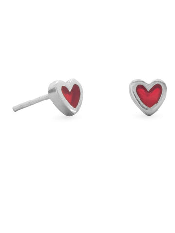 Small Red Heart Post Stud Earrings Sterling Silver