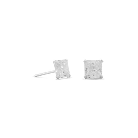 Princess Square Cubic Zirconia Post Stud Earrings 6mm Sterling Silver