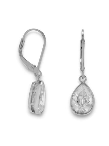 Pear Teardrop Cubic Zirconia Earrings Rhodium Plated Sterling Silver Lever Back