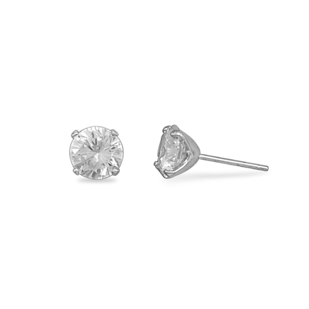 Stud Earrings 8mm Cubic Zirconia Post Rhodium Plated Sterling Silver