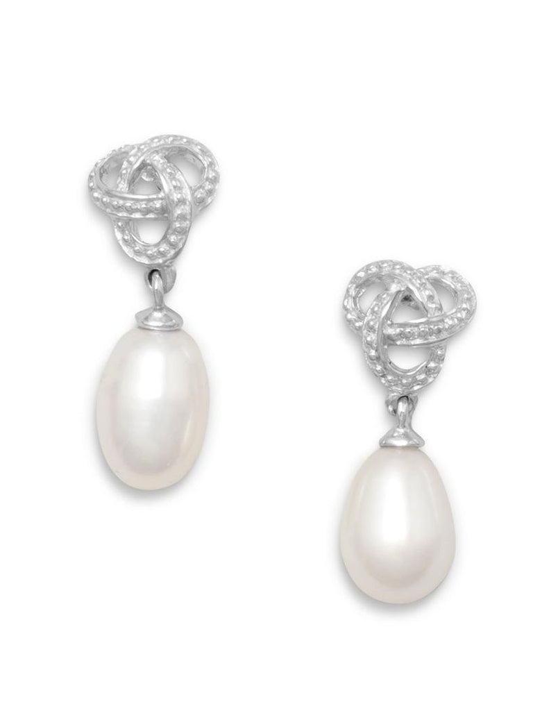Love Knot Earrings White Cultured Freshwater Pearl Drop Rhodium Sterling Silver
