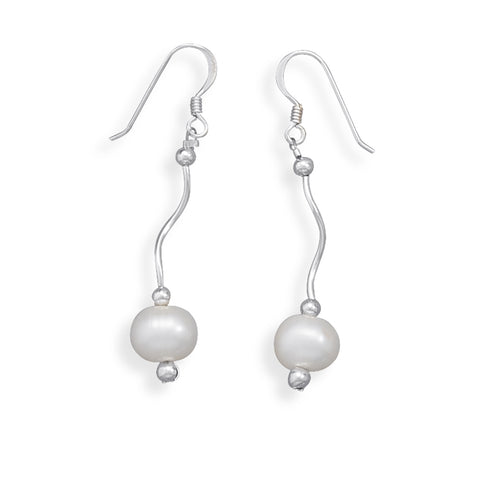 White Cultured Freshwater Pearl Earrings with Wave Design Tube Sterling Silver