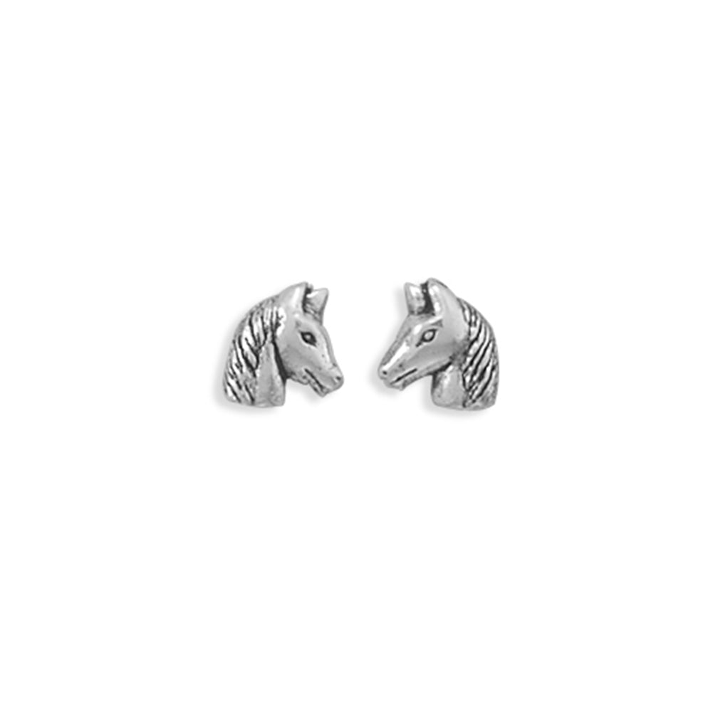 Horse Head Stud Antique Finish Sterling Silver Earrings