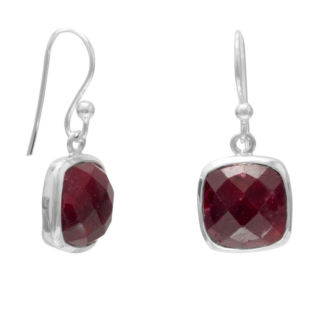 Sterling Silver and Dyed Red Corundum Square Dangle Earrings