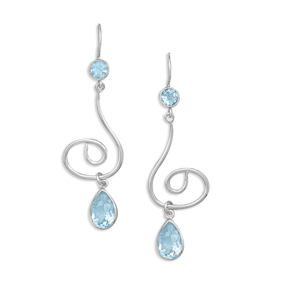 Blue Topaz Faceted Swirl Coil Design Sterling Silver Earrings