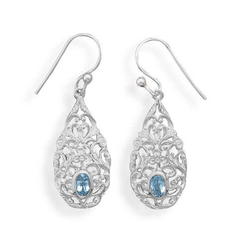 Blue Topaz Earrings Filigree Drop Sterling Silver