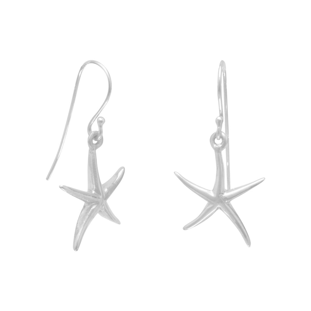 Happy Starfish Dangle Earrings Polished Sterling Silver
