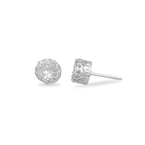 Crown Setting 6mm Cubic Zirconia Post Stud Earrings Sterling Silver