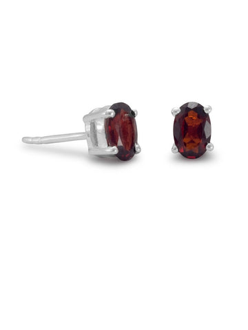 Oval Garnet Post Stud Earrings Sterling Silver