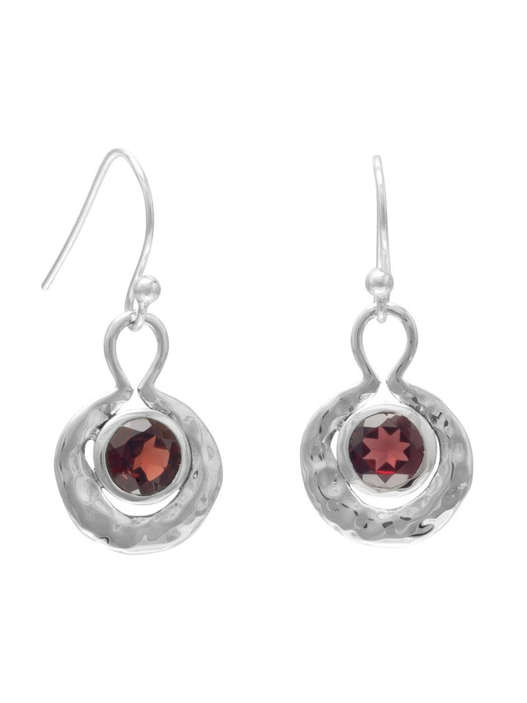 Red Round Garnet Earrings Hammered Sterling Silver