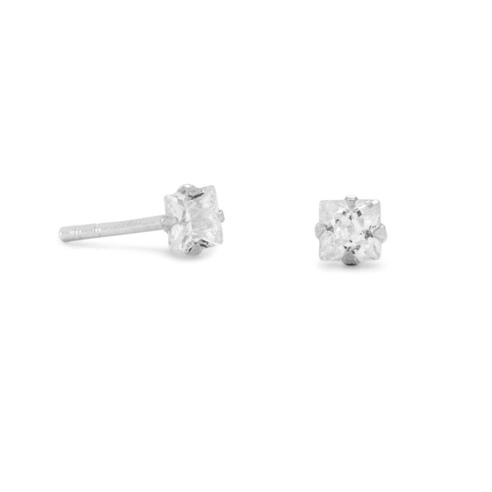 Small 3mm Square Cubic Zirconia CZ Stud Earrings Mens Sterling Silver