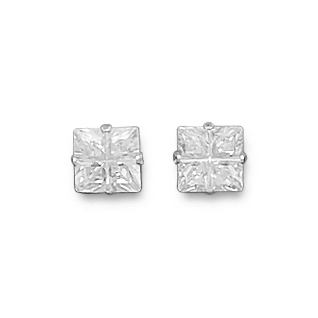 Four Cut 4 Cut Square 6mm Cubic Zirconia Sterling Silver Post Stud Earrings
