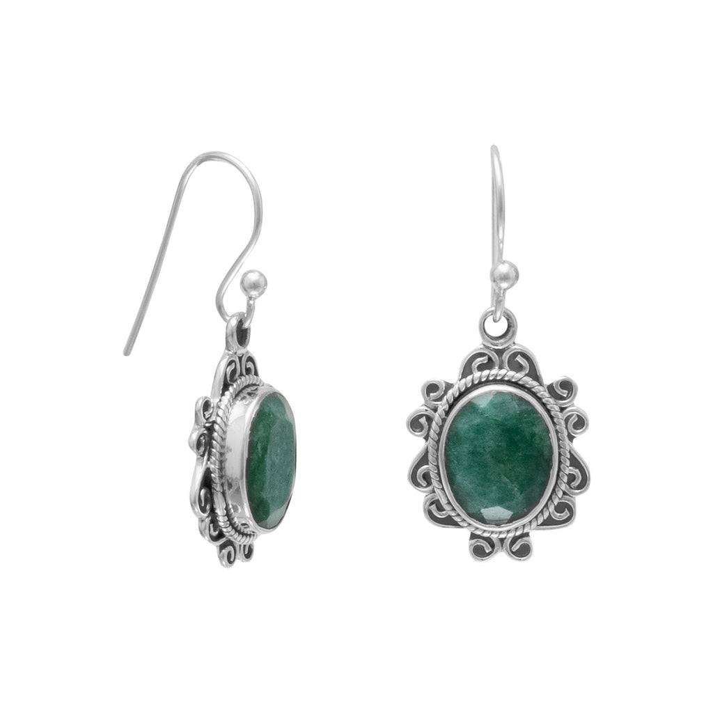 Dyed Green Beryl Earrings with Scroll and Rope Edge Sterling Silver