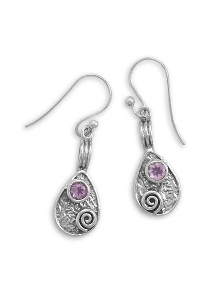 Amethyst Accent Sterling Silver Tear Drop Spiral Coil Design Earrings