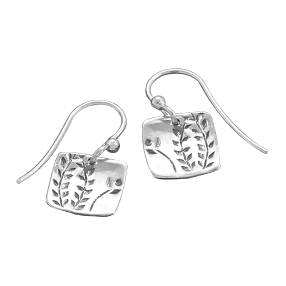 Fern Vine Design Sterling Silver Small Square Tag Dangle Earrings