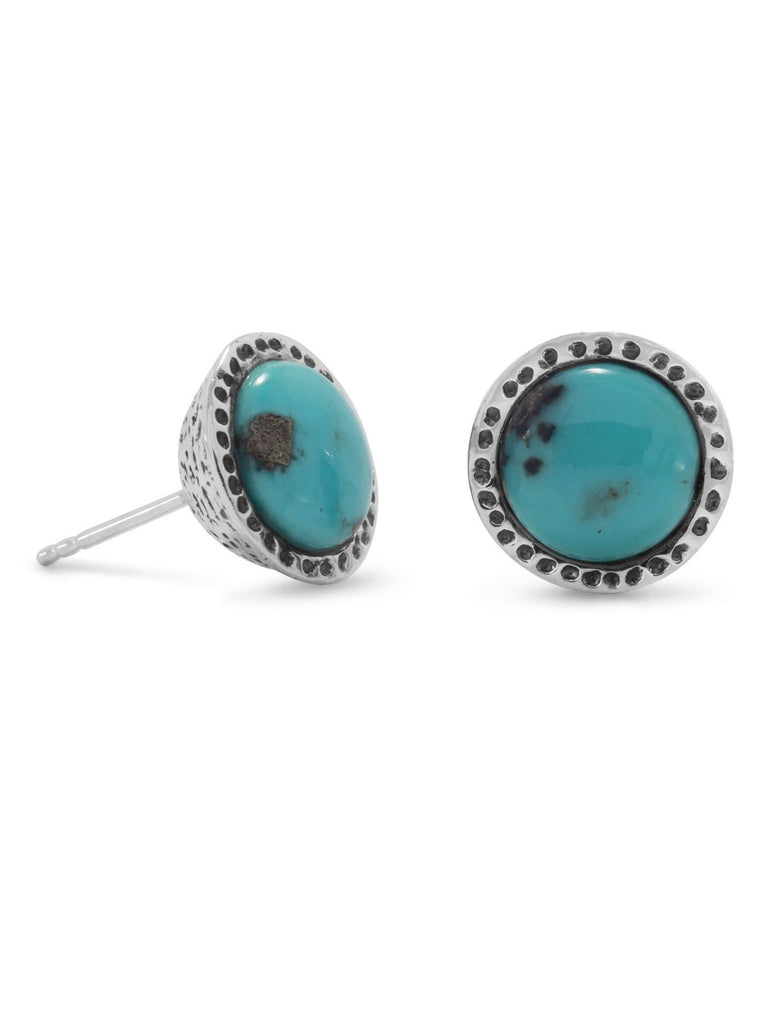 Round Stabilized Turquoise Post Stud Earrings 11mm Antiqued Sterling Silver