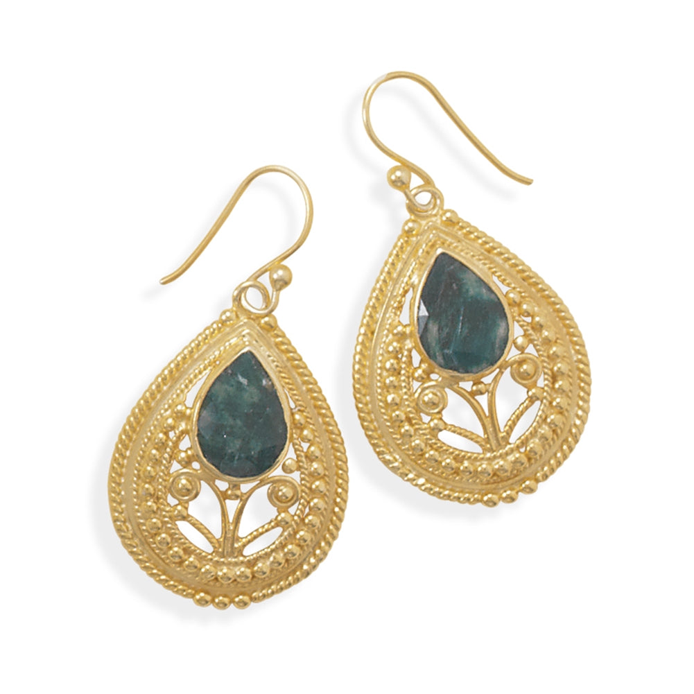 Dyed Green Beryl Gold-plated Earrings with Bead Filigree