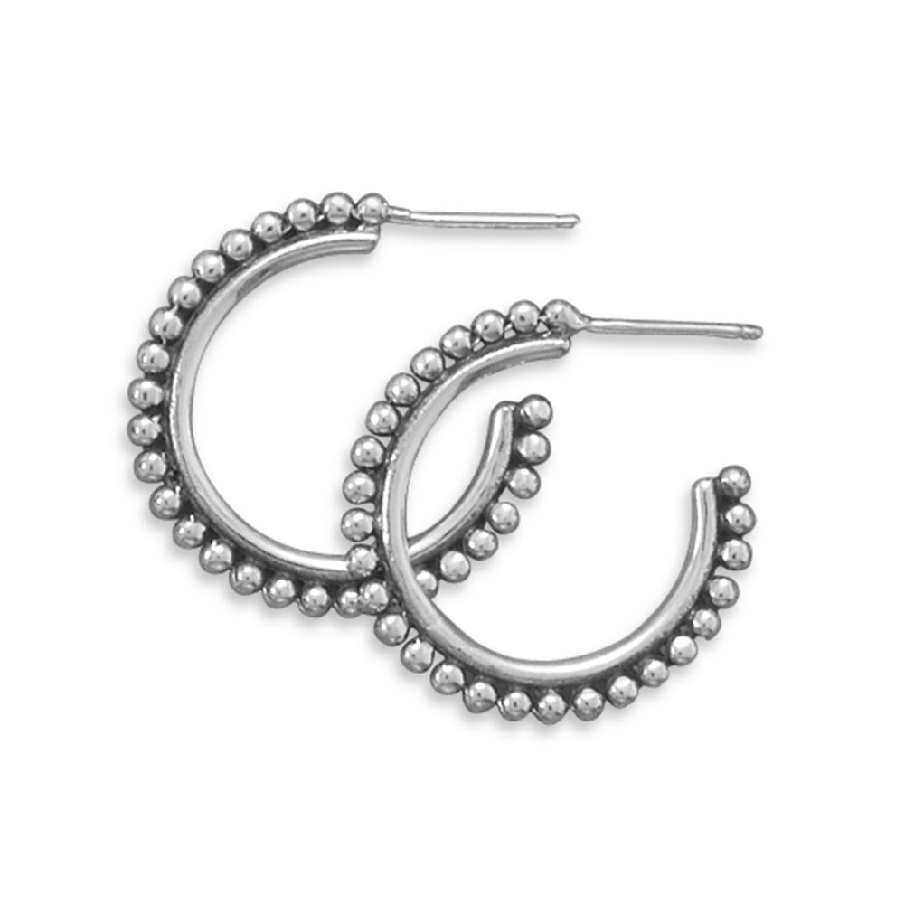 Post Hoop Earrings Antiqued Beaded DesignSterling Silver