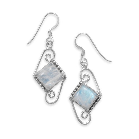 Rainbow Moonstone Earrings Diamond -shape Antiqued Sterling Silver